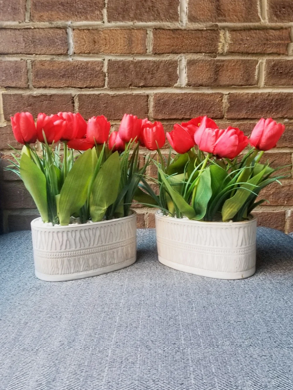 Red Tulips Artificial Arrangement in White Glazed Ceramic Planter